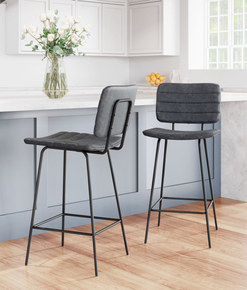 Counter Stool Chair, Set of 2, Faux Vinyl Leather, Steel, Vintage Black, Cafe
