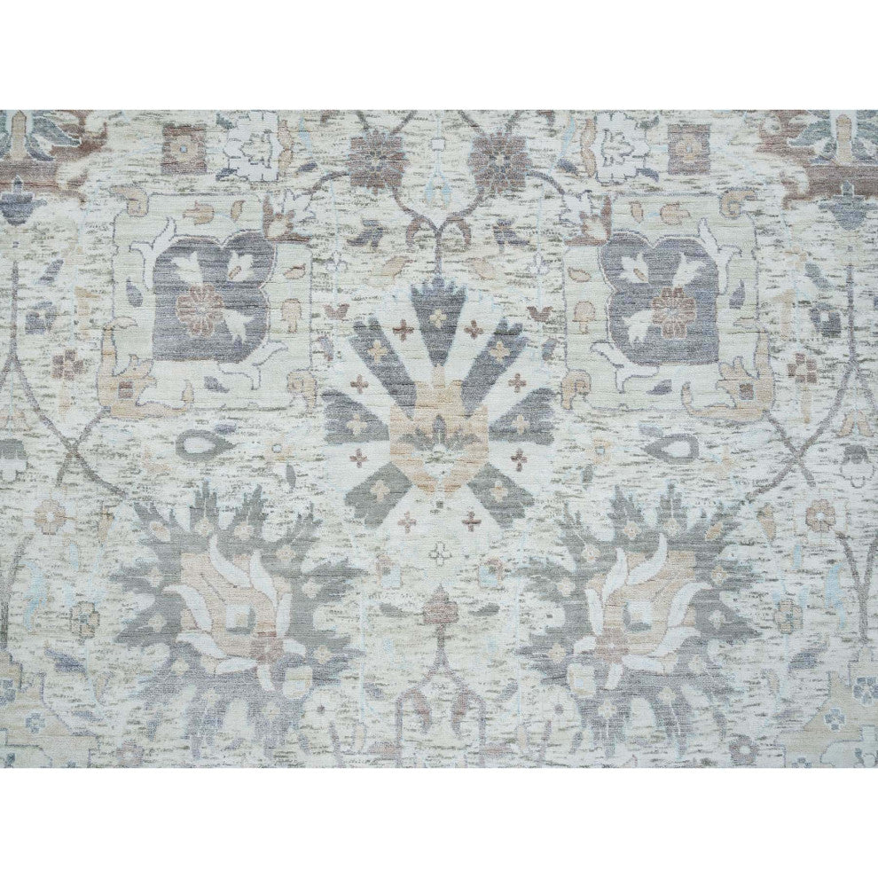 Ivory Silk With Wool Hand Knotted Tebraz Vase Design Oriental Rug, 12'x15'5"