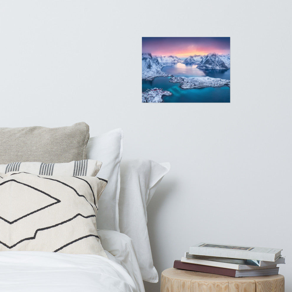 Reine at Winter Sunset Icy Mountain Landscape Photo Loose Wall Art Prints, 12" X 16"
