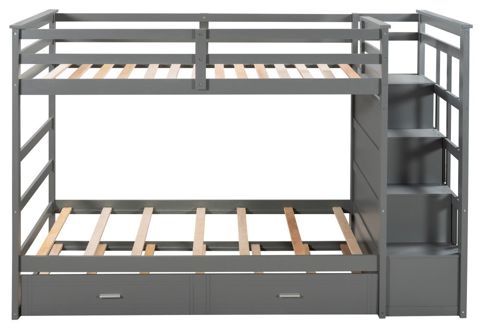 Gewnee Solid Wood Twin Over Twin Bunk Bed with Trundle and Staircase in Gray