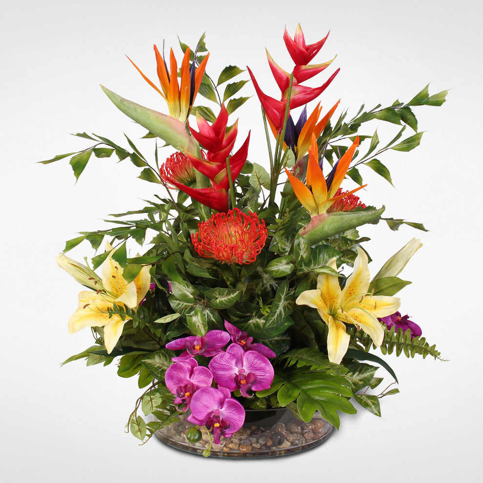 Exotic Tropical Silk Floral With Pebbles in Glass Bowl