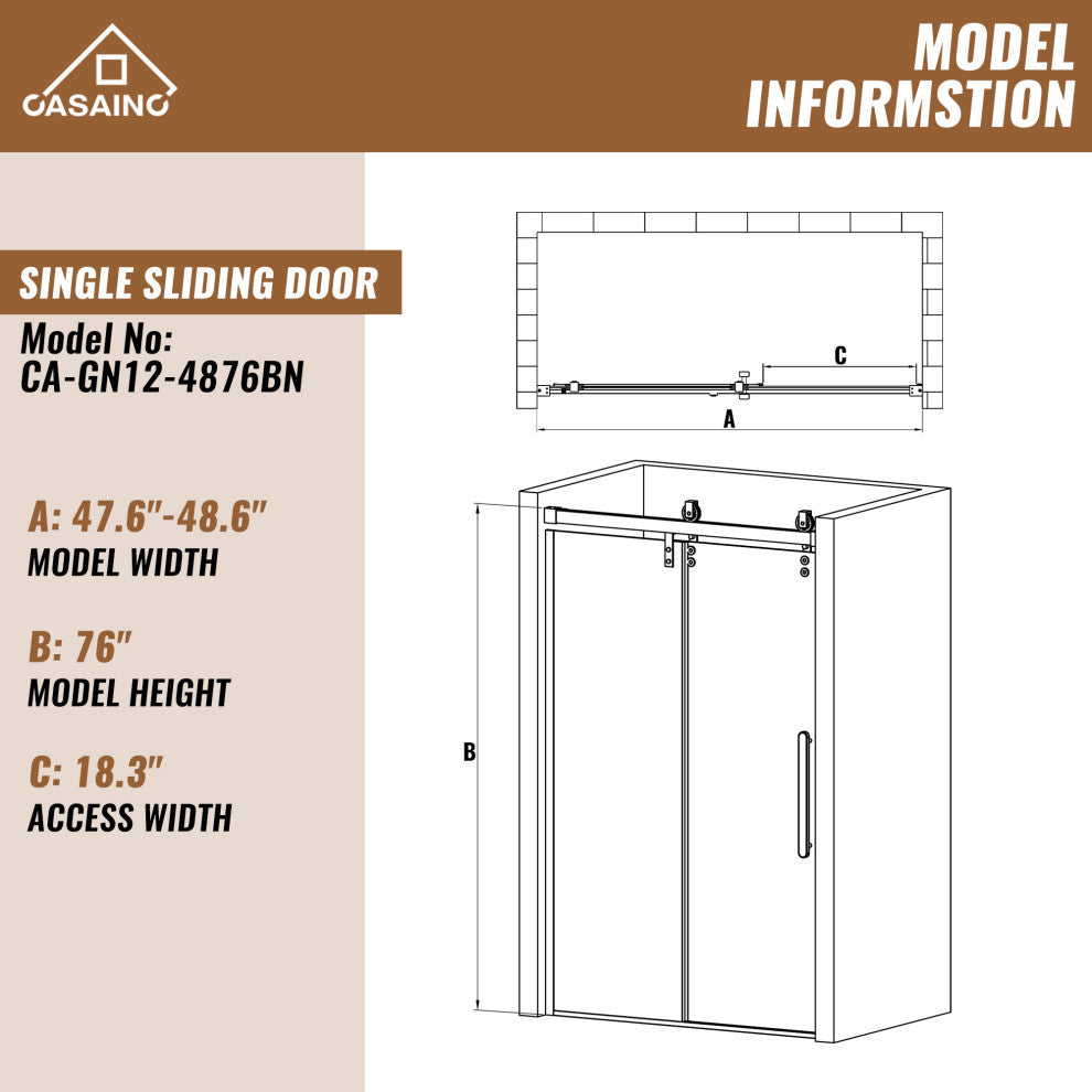 47-in to 48-in x 76-in Frameless Sliding Shower Door, Brushed Nickel