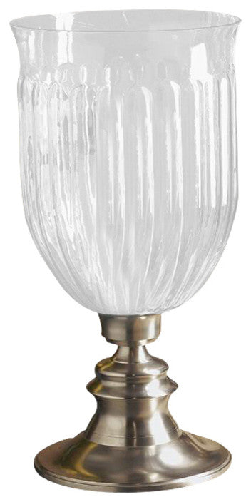 Step Base Hurricane With Green Tint Fluted Glass, Pewter