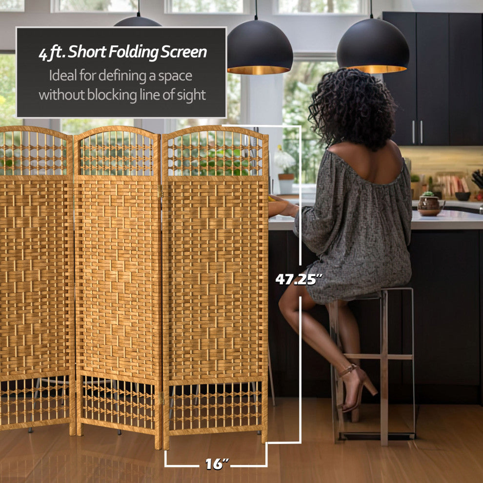 4' Tall Fiber Weave Room Divider, Light Beige, 6 Panels