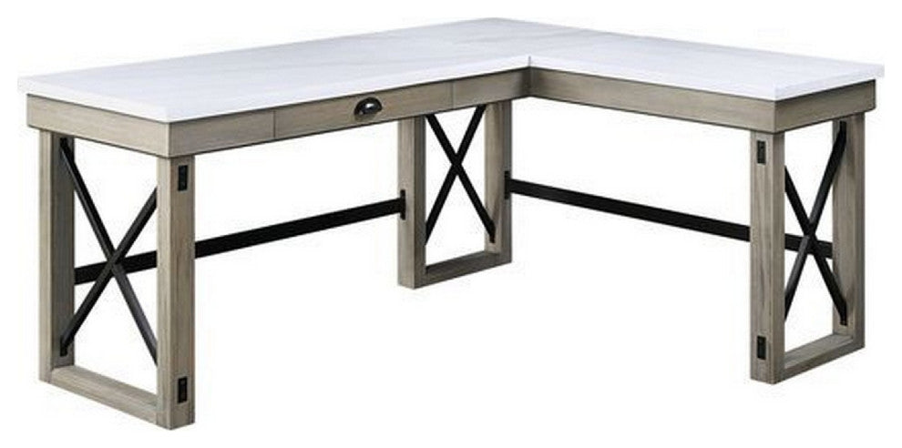 Benzara BM269056 L Shaped Writing Desk, Marble Lift Top & Sled Base, Gray/White