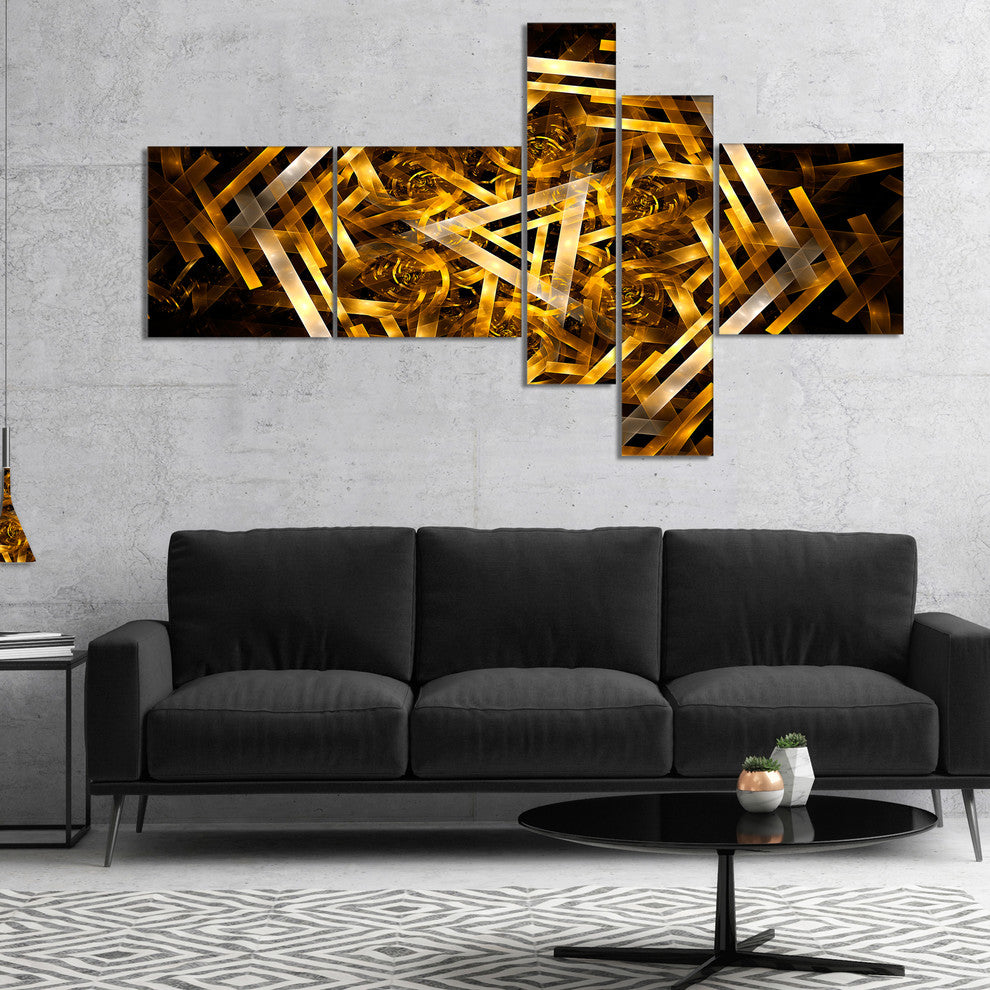 Fractal 3D Yellowish Hexagon, Abstract Canvas Art Print, 60"x32", 5 panels