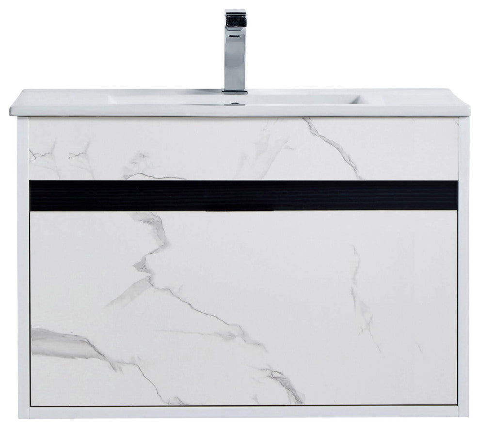 Alpine Wall Mount Bathroom Vanity and Sink, White Marble, 30"