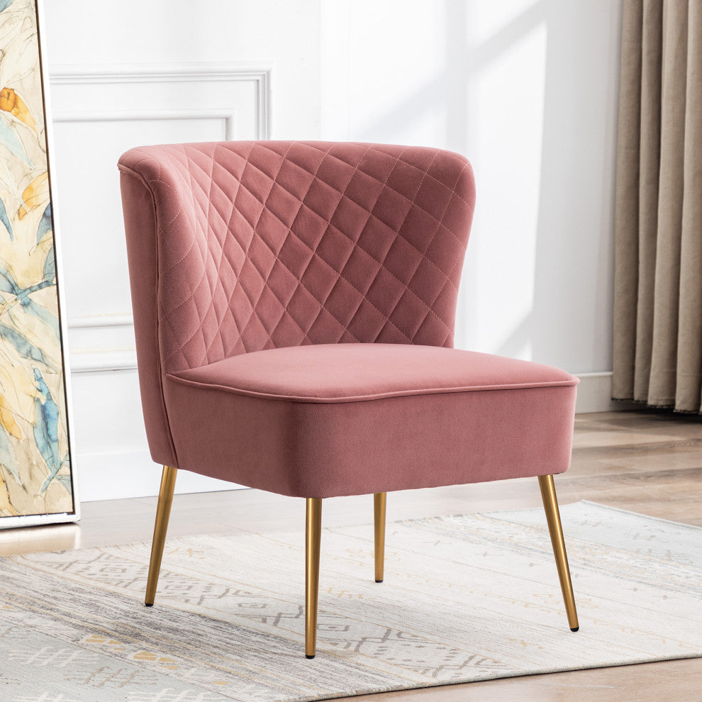 Diamond Stitched Bright Velvet Slipper Chair, Pink