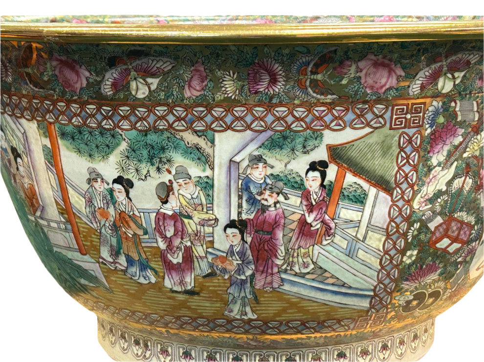 Vintage Chinese Famille Rose People House Graphic Porcelain Bowl Pot Hws4342