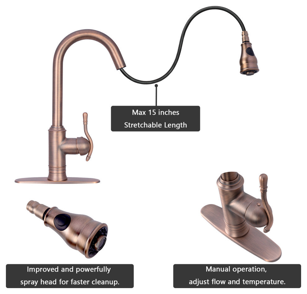 Copper Pull Down Kitchen Faucet, Single Level Solid Brass Kitchen Sink Faucets, American Bronze