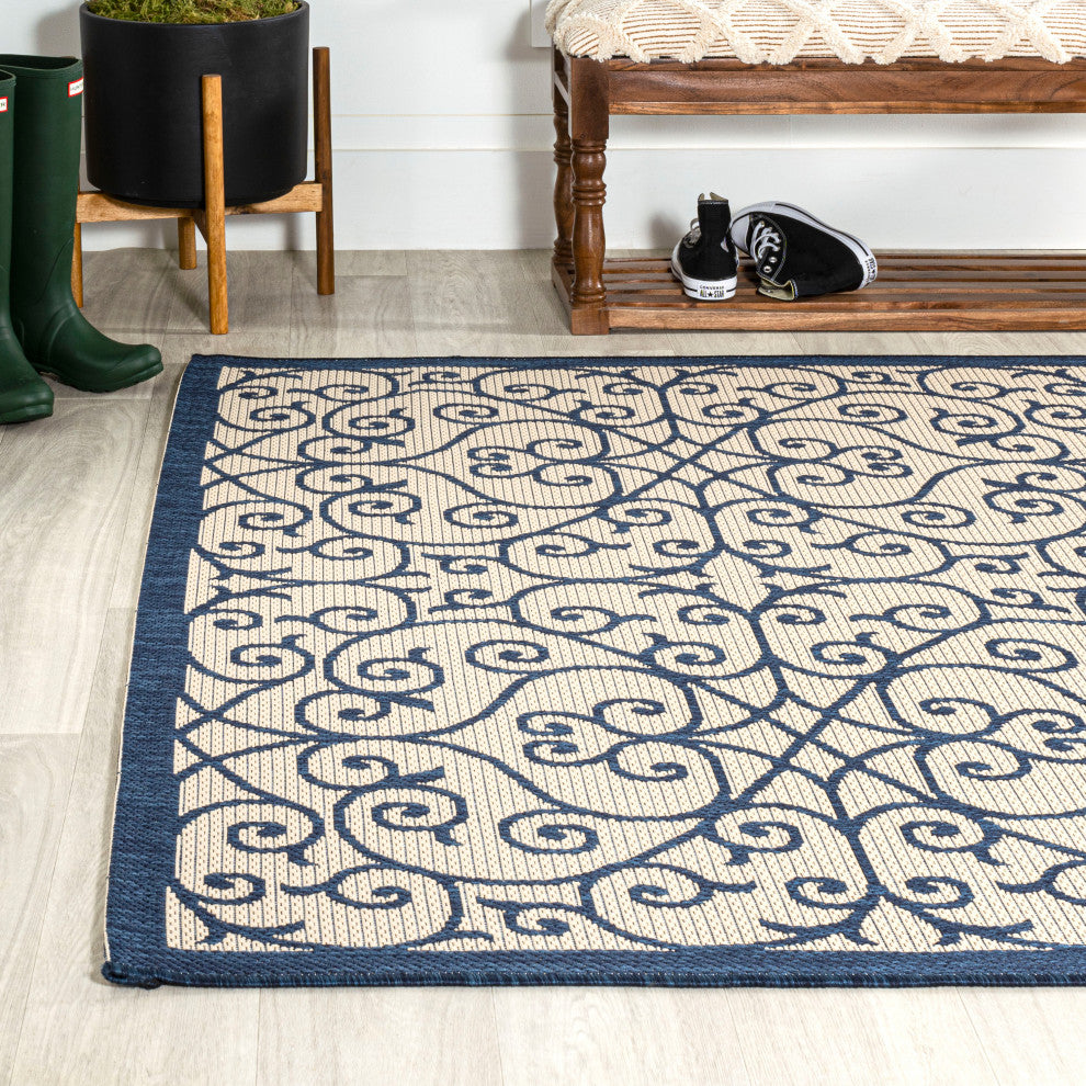 Madrid Vintage Filigree Textured Weave Indoor/Outdoor, Navy/Beige, 3 X 5
