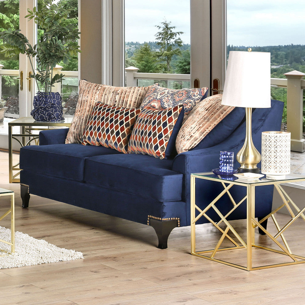 Small Weave Chenille Love Seat with Sloped Arms Design, Navy