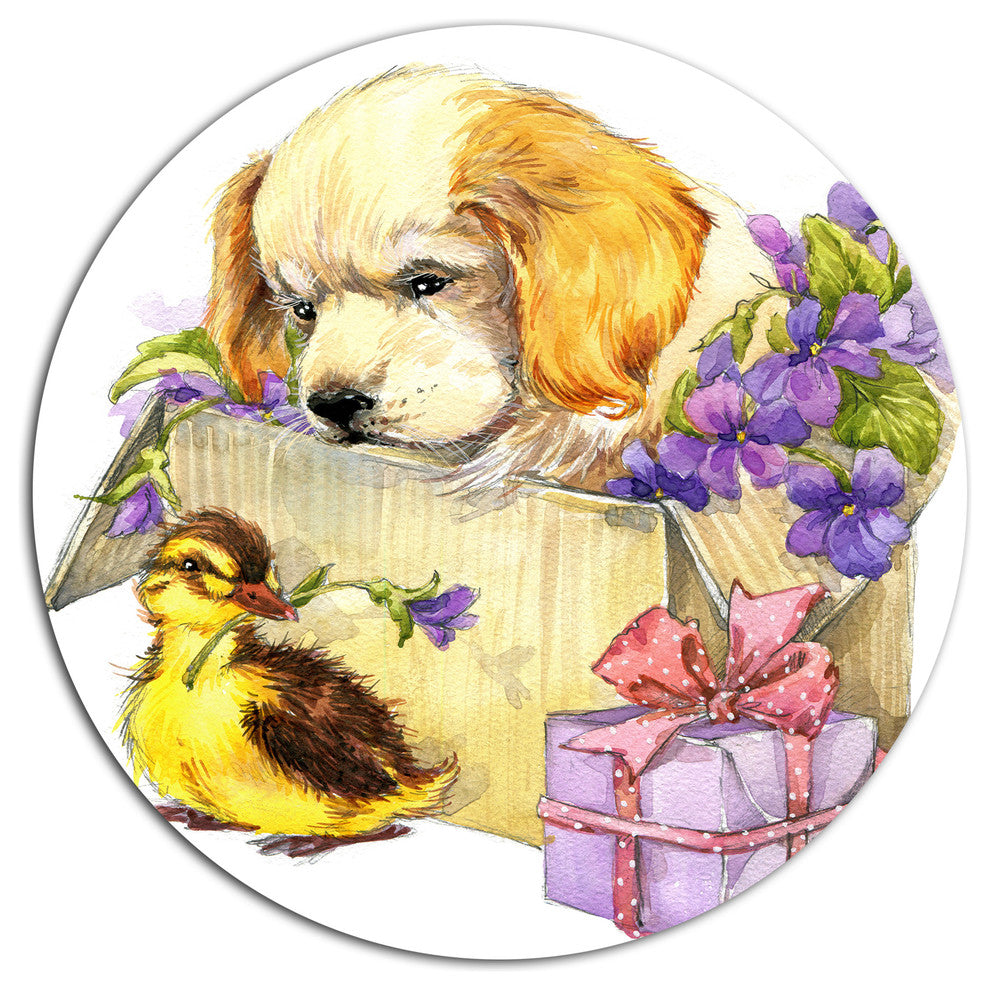 Cute Puppy Dog And Duck, Contemporary Animal Art Round Wall Art, 23"