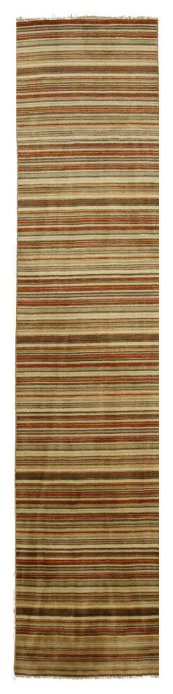 Orange/green Striped Handmade Wool Rug, 2' X 12'
