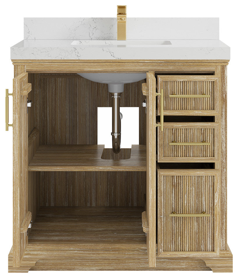Alys Teak 36 Bathroom Vanity Center Sink Whitewashed 2" Empira Quartz
