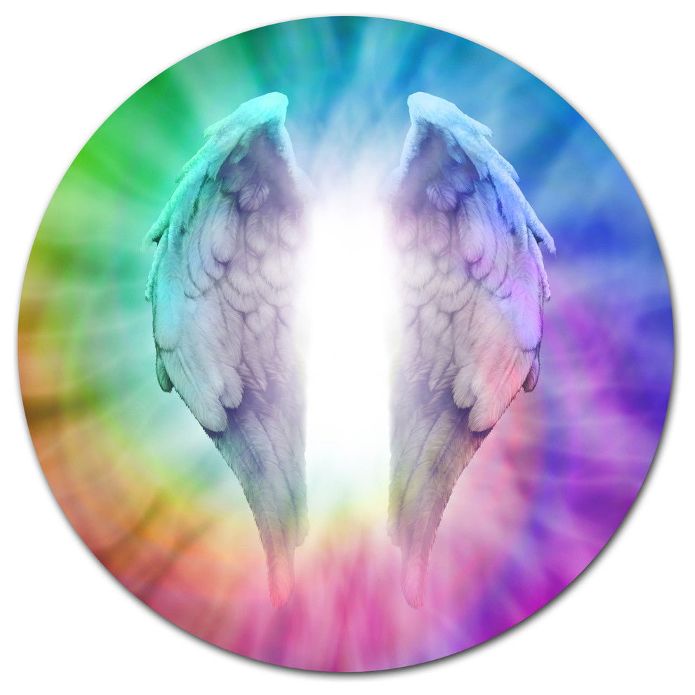Angel Wings On Rainbow Background, Abstract Art Round Wall Art, 11"