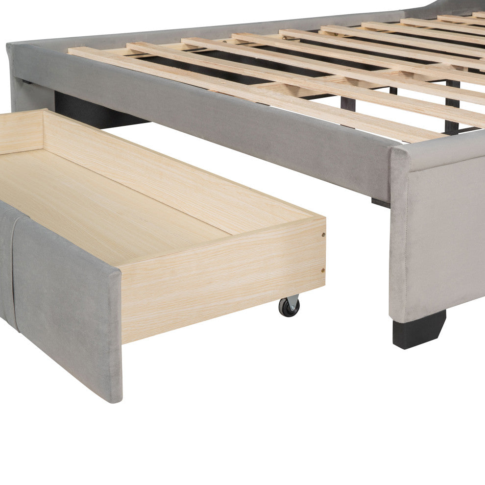 Queen Upholstered Platform Bed with Wingback Headboard and Drawer, Gray