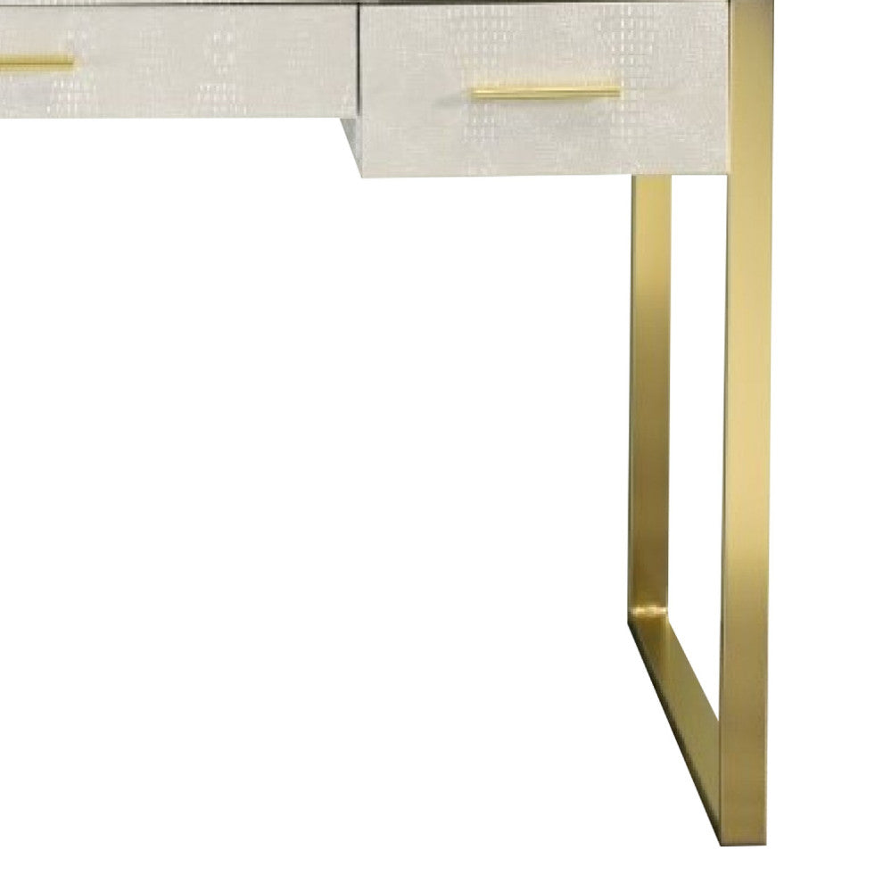 Benzara BM274660 Textured Vanity Desk With Round Mirror, Gold Sled Base, White