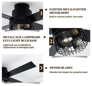 52 " Modern Flush Mount Ceiling Fan 6-speed with Light Kit and Remote Control, Black, 52"