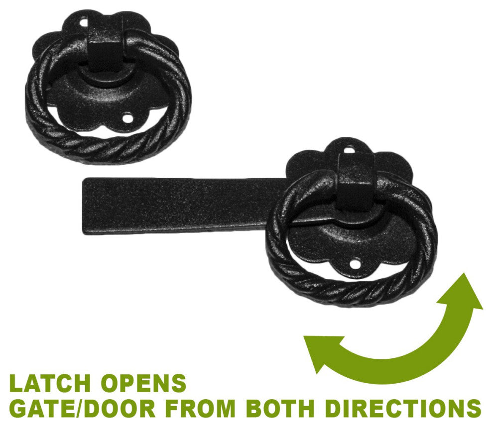 Renovators Supply Door Lock Latch 6 in Black Wrought Iron Floral Ring Gate Latch
