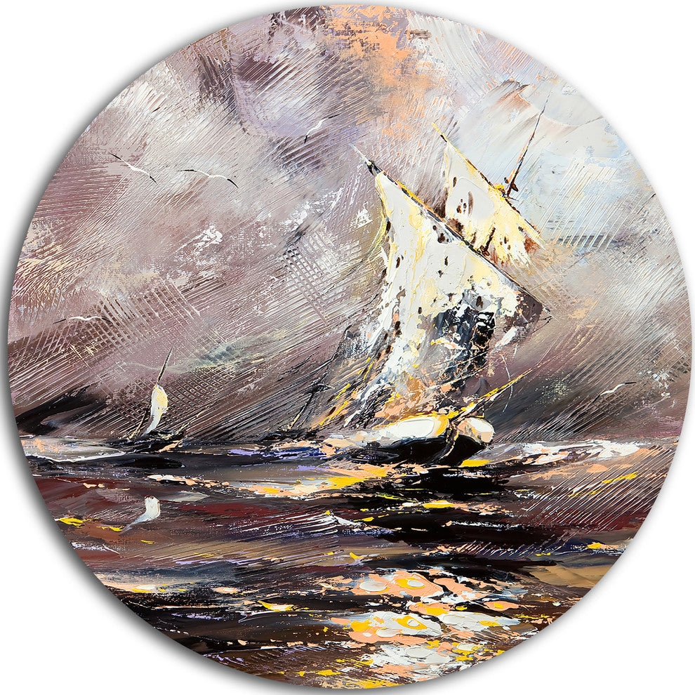 Vessel In Stormy Sea, Seascape Painting Large Disc Metal Wall Art, 36"