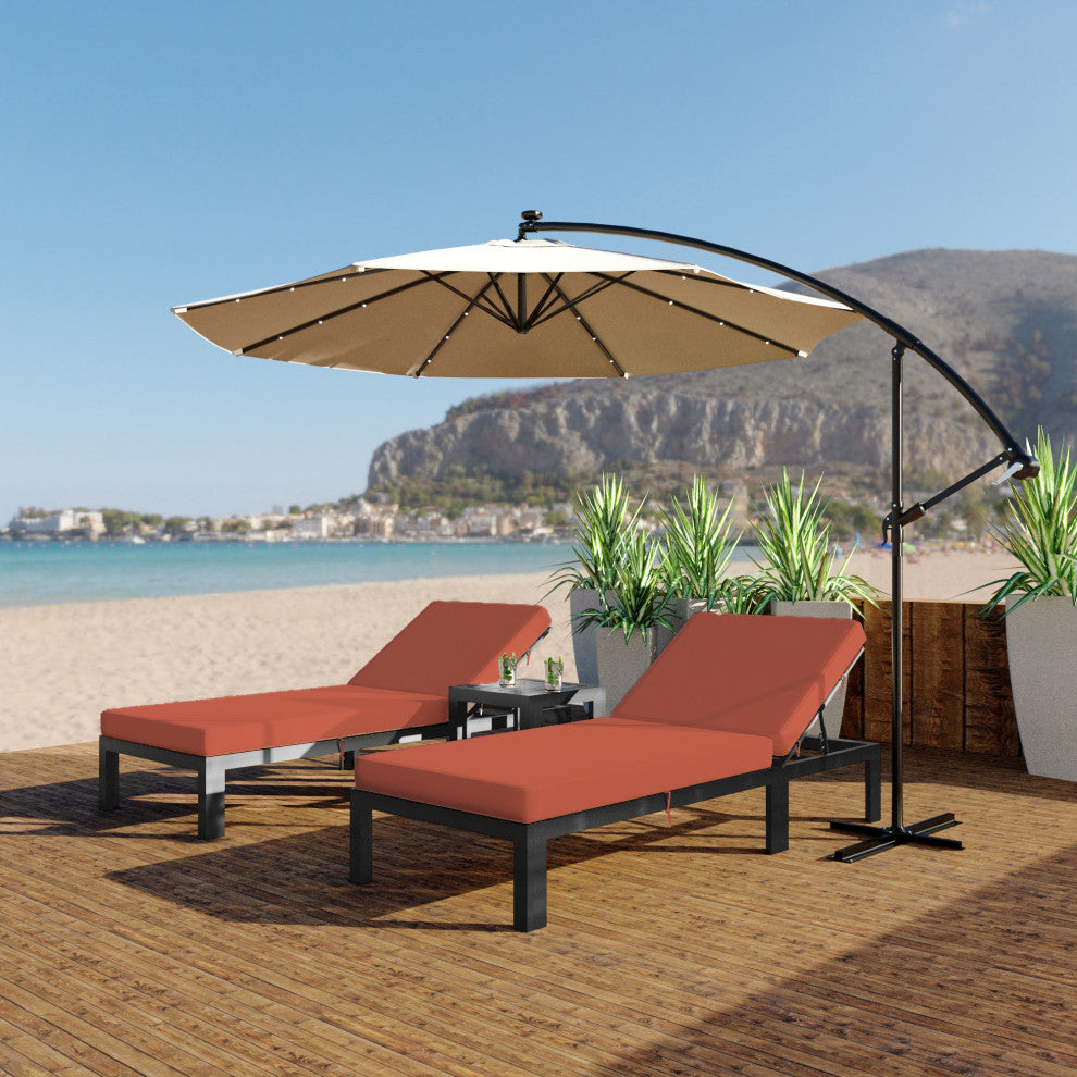 LeisureMod 3-Piece Chelsea Chaise Lounge Chair Set With Side Table, Orange