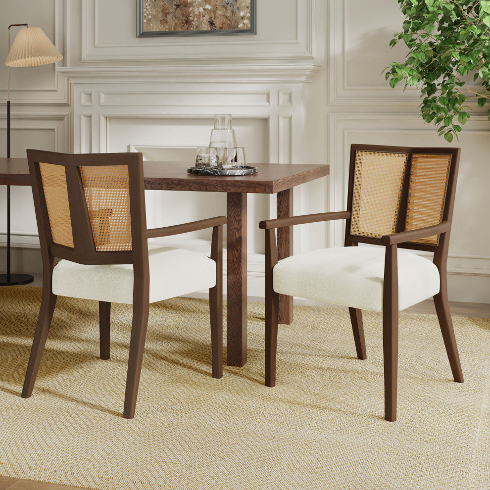 GDF Studio Modern Rattan Backrest Dining Chairs, Seat, Set of 2, Walnut/Beige