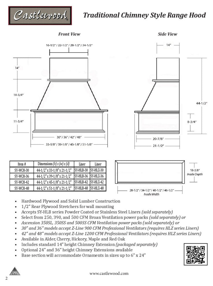 Castlewood Traditional Chimney Hood - Maple, 36", 350 Cfm Ventilator W/ Liner