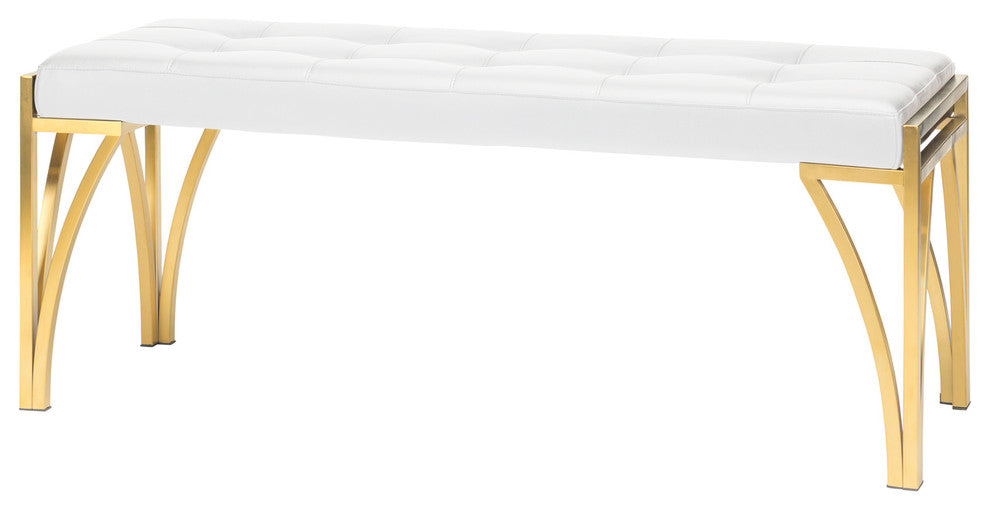 Eiffle Occasional Bench by Nuevo, Brushed Gold Stainless Steel Frame/White