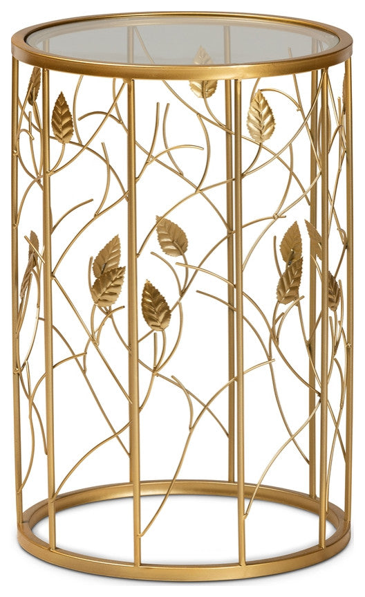 Modern Glam Brushed Gold Finished Metal and Glass Leaf Accent End Table