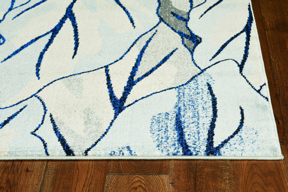 HomeRoots 8'x11' Grey Navy Blue Machine Woven Tropical Leaves Indoor Area Rug