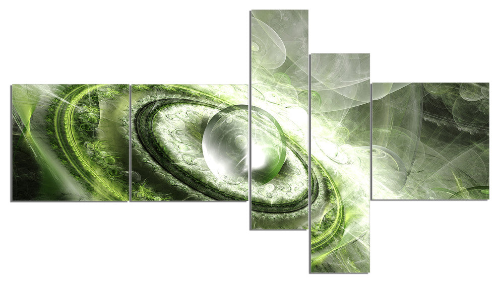 Green Fractal Flying Saucer, Abstract Canvas Art Print, 60"x32", 5 panels