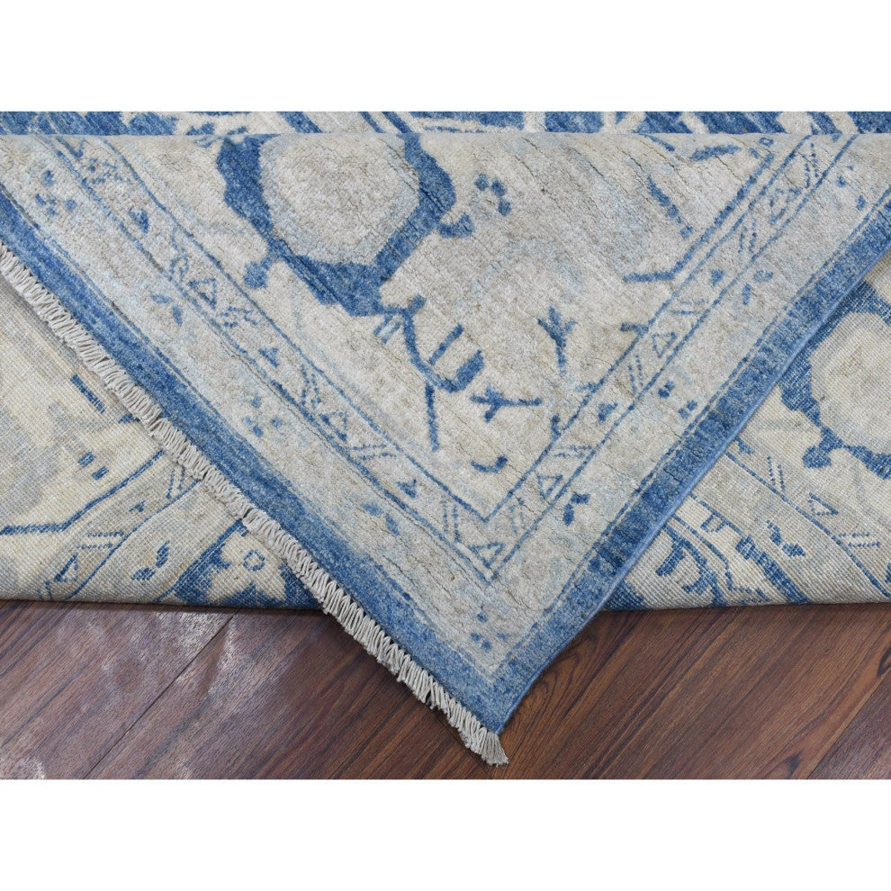 Denim Blue, Soft Wool Hand Knotted White Wash Peshawar, Rug, 9'8"x13'5"