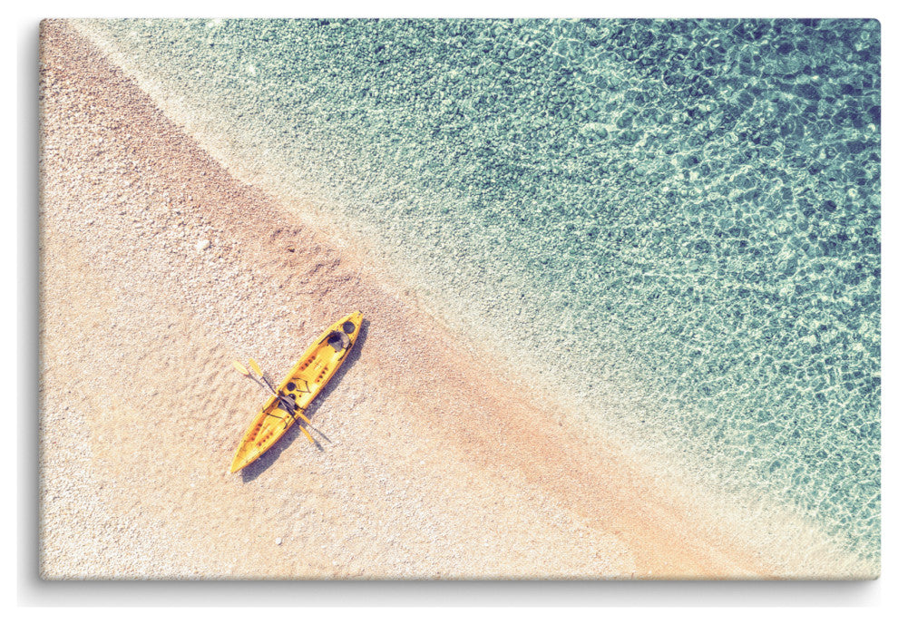 Yellow Canoe and Blue Sea by with Soft Violet Effect Canvas Wall Art Prints, 24" X 36"