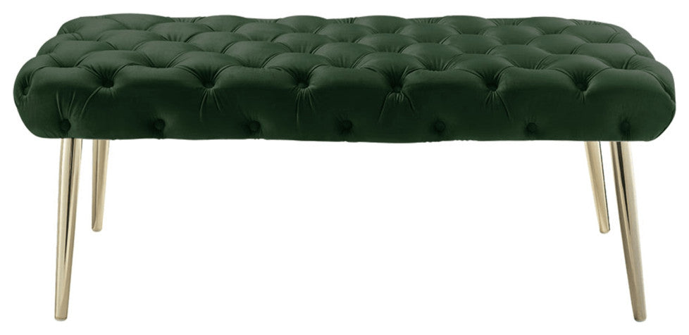 48" Hunter Green And Gold Upholstered Velvet Bench