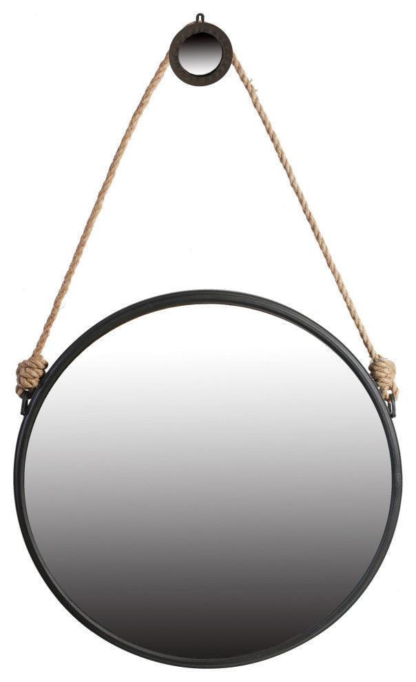 Benzara BM285535 30" Accent Wall Mirror With Rope Hanger & Black Metal Frame