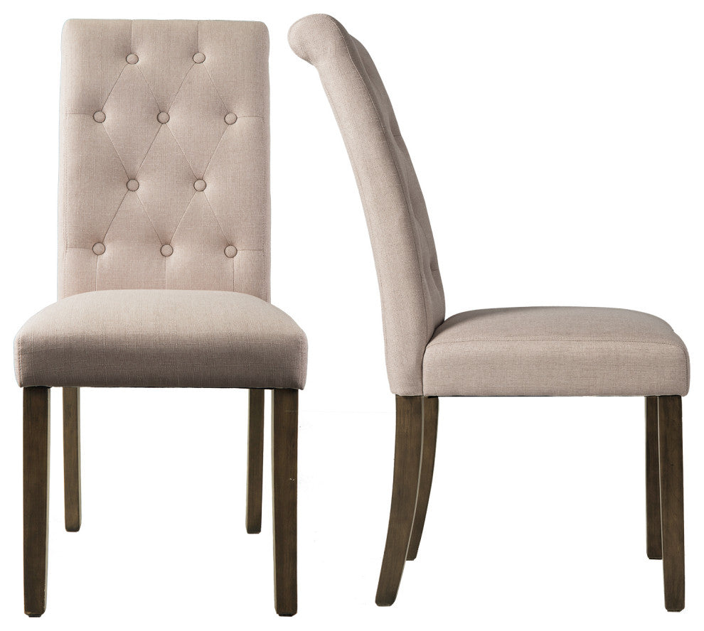 Solid Wood Dining Chair, Set of 2, Beige Tufted, Beige