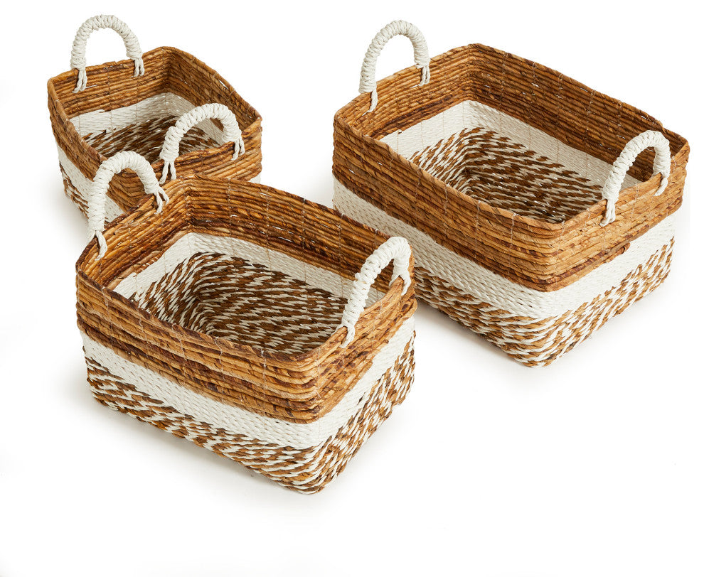 Set 3 Coastal Casual Natural Raffia Wide White Stripe Tote Baskets Handle Large