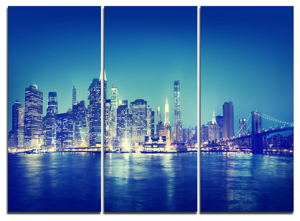 "Blue New York City at Night Panorama" Metal Wall Art, 3 Panels, 36"x28"