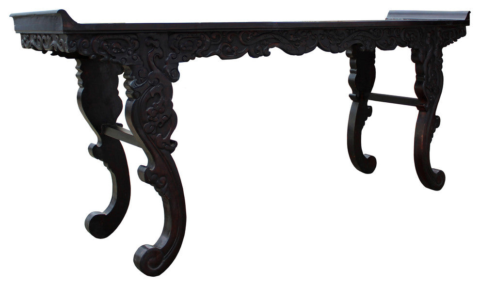 Chinese Brown Huali Rosewood Point Edge Relief Carving Altar Table Hcs4897