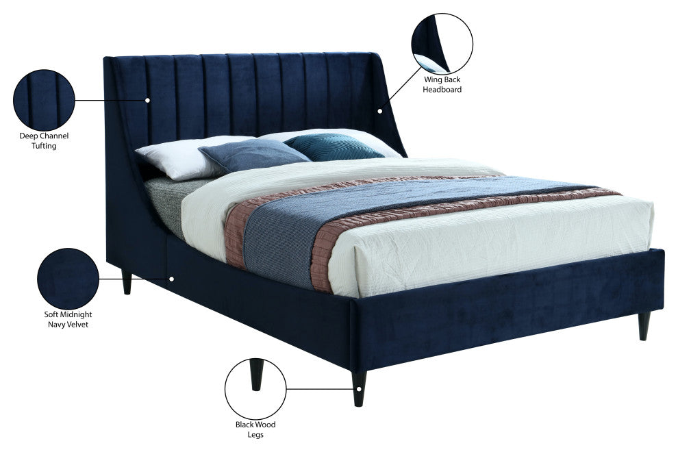 Eva Velvet Upholstered Bed, Navy, Full