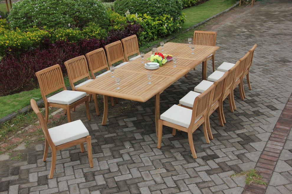 13-Piece Teak Dining Set, 117" Rectangle Table, 12 Arbor Stacking Armless Chairs