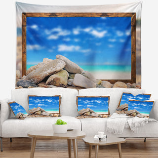 Framed Effect Blue Sky Over Sea Seashore Wall Tapestry, 39"x32"