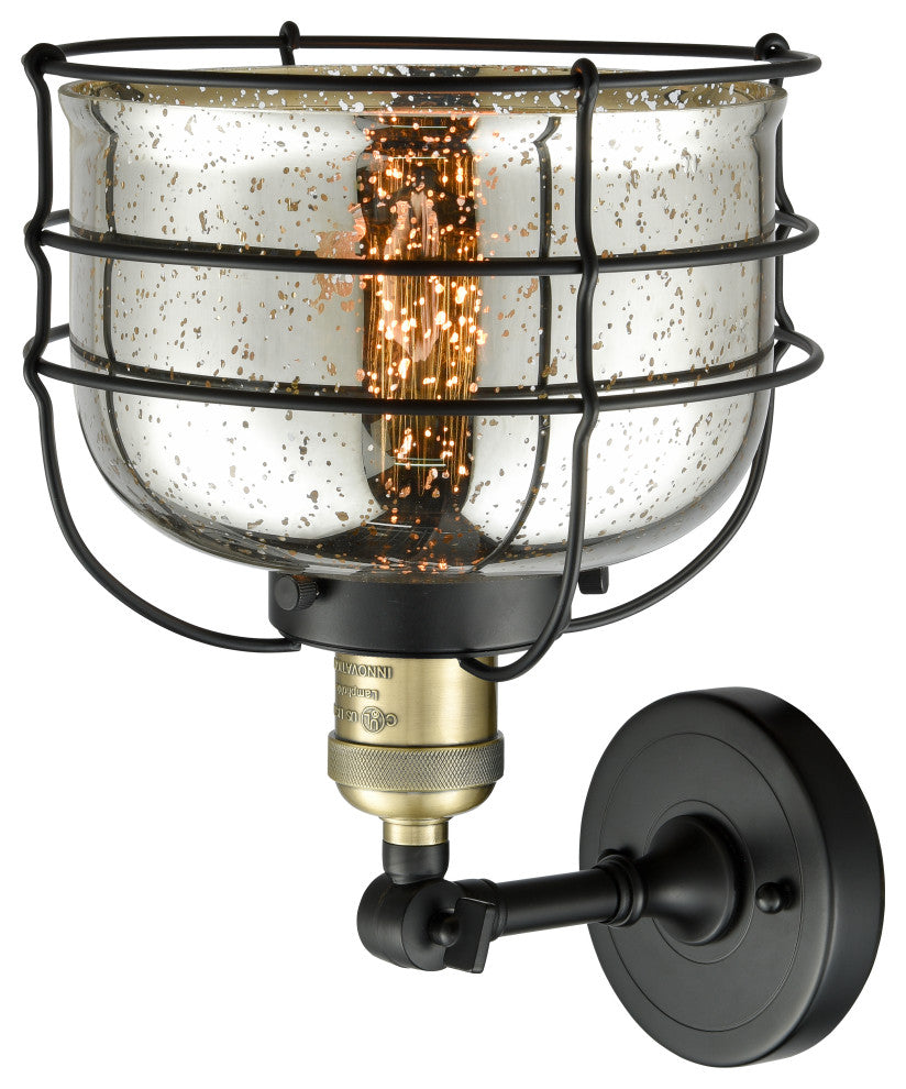 Large Bell Cage 1-Light Sconce, Black Antique Brass, Silver Plated Mercury