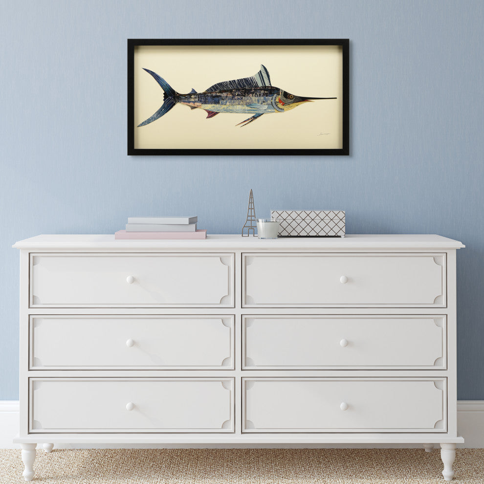 Blue Marlin Handmade Collage Framed Graphic Wall Art Under Glass 33x17