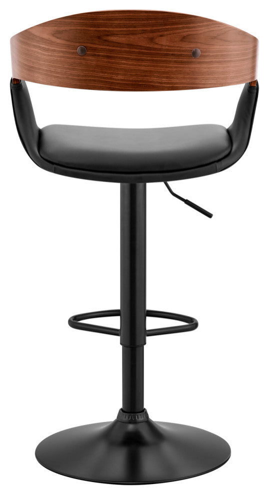 Benson Adjustable Faux Leather and Wood Bar Stool With Metal Base, Black and Wal