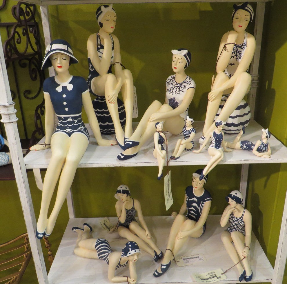 Retro Bathing Beauty Swimsuit Model Figurine, Art Deco Woman Statue, Blue/White