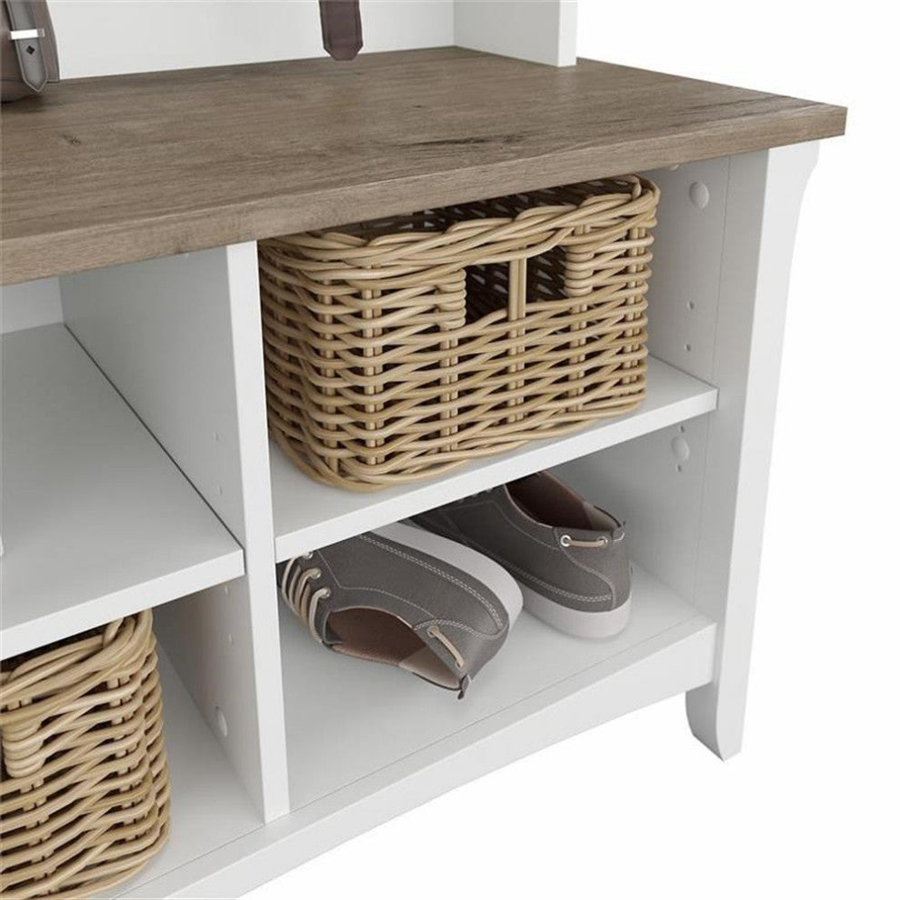 Bush Furniture Salinas Hall Tree with Shoe Storage Bench in White/Shiplap