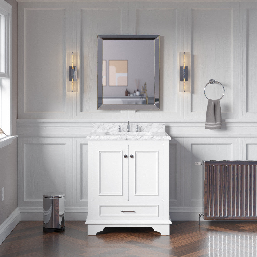 Nantucket 30" Bathroom Vanity, White, Carrara Marble