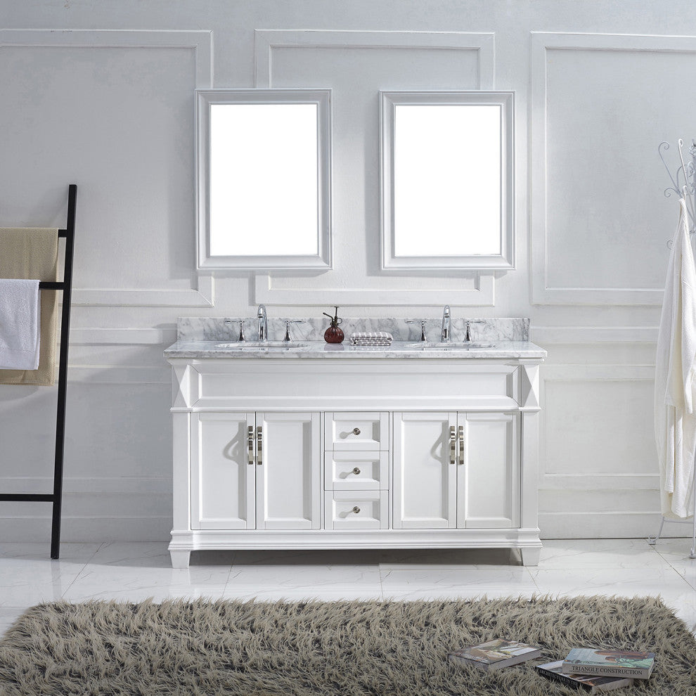 Virtu Victoria 60" Double Bathroom Vanity, White With Faucet and Mirrors